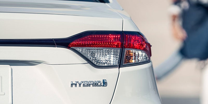 rear view closeup of tailight and Hybrid letters on Toyota Corolla hybrid