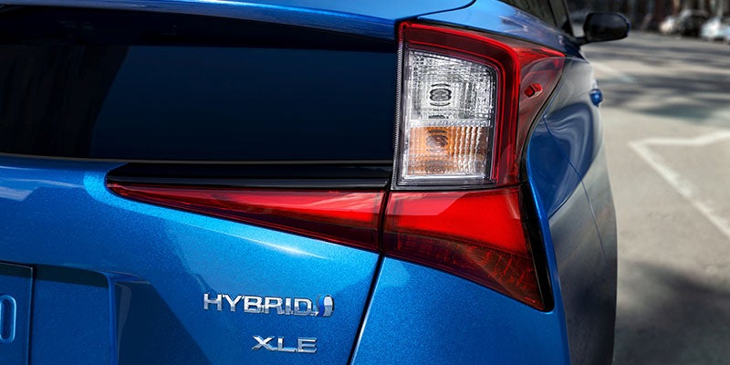 Rearview of a blue 2021 Toyota Prius Prime