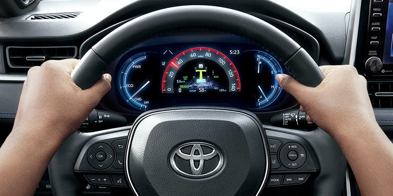 Interior view of the steering column on the Toyota RAV4 hybrid