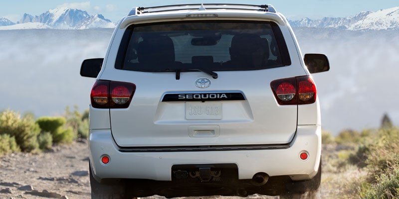Rear view of a white 2021 Toyota Sequoia