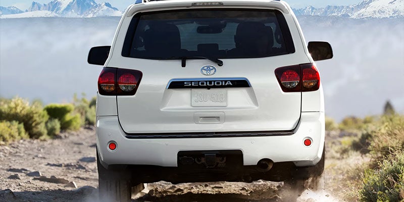 Rearview of a white Toyota Sequoia